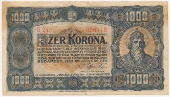 1923. 1000K Magyar Pénzjegynyomda R.t. Budapest nyomdahely jelöléssel T:III fo. Adamo K37