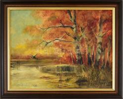 Varga jelzéssel: Őszi vízpart vadkacsákkal. Olaj, vászon, fa keretben, 40×50 cm