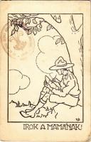 1923 Írok a mamának! A KEG (Katolikus Egyetemi Gimnázium) cserkészcsapatok kiadása / Hungarian boy scout art postcard s: Velősy B. + 27. sz. Báró Eötvös József cserkészcsapat Budapest (fl)