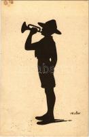 1932 A tábor kürtöse. 5. sz. KEG (Katolikus Egyetemi Gimnázium) cserkészcsapat kiadása / Hungarian boy scout art postcard s: Velősy B. (EK)