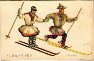 1948 Finmarken / ski, folklore, winter sport art postcard s: Damsleth (vágott / cut)