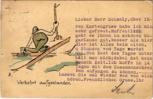 1913 Verkehrt aufgestanden / ski, winter sport art postcard (kis szakadás / small tear)