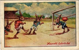 Húsvéti üdvözlet, focizó nyulak / Easter greeting with rabbits playing football s: Pámmer I. (EK)