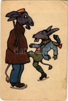 Donkeys with ice skates, winter sport (képeslapfüzetből / from postcard booklet) (fa)