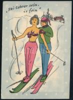 1962 Ski-Lehrer sein, is fein / ski instructor, erotic humour, winter sport art postcard (EB)