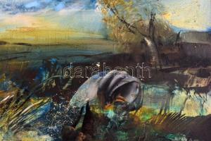 Káplár Ferenc (1937-): Öbölháború. Olaj, farost, jelzett. Hátoldalán zsűri címkével. Dekoratív fa keretben. 60×80 cm