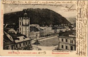 1903 Besztercebánya, Banská Bystrica; Bélya király tér a toronyból nézve, Herritz János üzlete. Ivánszky Elek kiadása / square, shops