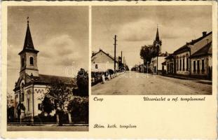 1943 Csap, Cop, Chop; Római katolikus templom, utca, Református templom / Catholic church, street view, Calvinist church (EB)