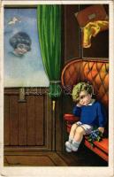 1930 Children art postcard, child on a train. Degami 2210. s: Castelli (EB)