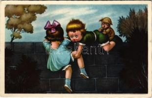 1930 Children art postcard, romantic couple, humour. Amag 1603.