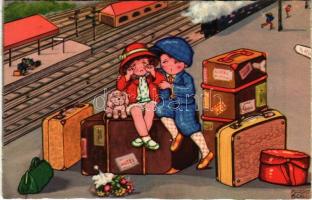 Children art postcard, romantic couple, railway station. Amag 0320. s: Margret Boriss (EK)