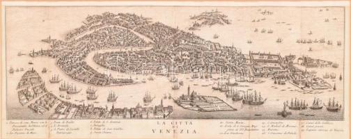 cca 1730 La Citta Di Venezia (Velence látképszerű térképe). Rézmetszet, papír, jelzés nélkül. Hajtásnyommal. Üvegezett fa keretben. 16x43,5 cm / La Citta Di Venezia. Engraving on paper. Unsigned. Map of Venice. Framd with glass. 16x43,5 cm