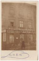 1915 Galicia, utcakép fodrászattal és gyógyszertárral / Fryzyer, Apteka / hairdresser salon, pharmacy, street, soldiers. photo (EK)