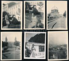 1952 Pécs, Kinszki Imréné és Kinszki Judit feliratozott fényképei a városról és egymásról, 12 db vintage fotó, 6x4,3 cm