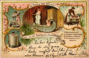 1899 Bade zu Hause! Carl Becker & Franz Both Wien V. Jubiläums Ausstellung Wien 1898 / Viennese Jubilee Exhibition advertising card, home bath. Art Nouveau, floral, litho