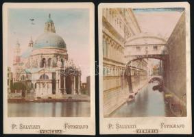 cca 1894 6 db Velencét ábrázoló színezett fotó (Szent Márk-bazilika harangtornya a Szent Márk téren, Basilica di Santa Maria della Salute, Sóhajok hídja, Rialto híd, Szent Márk tér), Venezia, Paolo Salviati (1818-1894), keményhátú fotók, az egyik felületén folttal, 16x11 cm