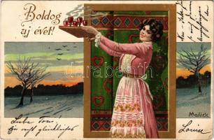 1900 Boldog Újévet! / New Year greeting art postcard with lady. Schmidt Edgar Nr. 207. litho s: Mailick (EK)