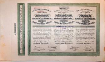 1921. "Termini Takarékpénztár R.T." részvénye 100K-ról, 3 nyelven