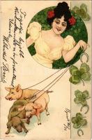 1899 Art Nouveau New Year greeting art postcard, lady with pigs, clovers and horseshoes. Serie 324. litho