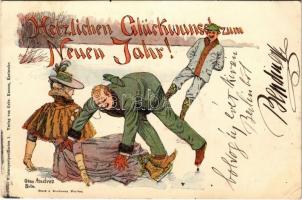 1899 Herzlichen Glückwunsch zum Neuen Jahr! / New Year greeting art postcard, ice skate, winter sport, humour. Wintersportpostkarten 1. Verlag v. Gebr. Knauss litho s: Otto Andres (EK)
