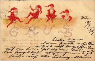 1899 Gruss / greeting art postcard with dwarves. Koch & Palm litho (fl)