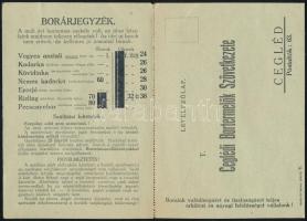 cca 1930-1940 Ceglédi Bortermelők Szövetkezetének árjegyzéke, megrendelő lappal, 15x10 cm, kinyitva:...