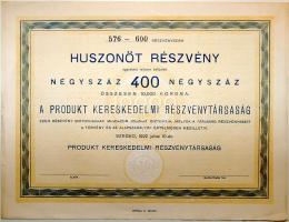 1922. "Produkt Kereskedelmi Részvénytársaság" huszonöt részvénye 400K-ról, szelvényekkel