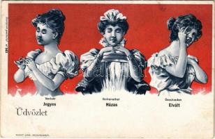 Verlobt - Verheiratet - Geschieden / Jegyes - házas - elvált / Engaged - Married - Divorced. Art Nouveau lady art postcard. Schmidt Edgar No. 542. litho (fl)