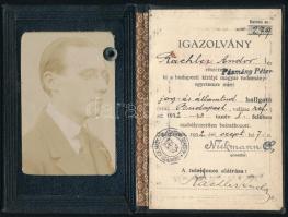 193-1933 Pázmány Péter Tudományegyetem jog és államtudományi karának fényképes diákigazolványa