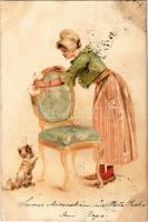 1899 Lady with cat. litho (szakadás / tear)