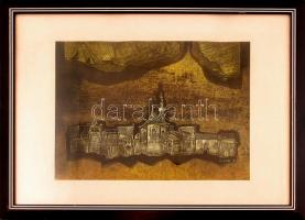 László Ákos (1940-): Kézdivásárhelyi emlék. Vegyes technika, papír, jelzett, üvegezett fa keretben, 35×48,5 cm