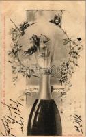 1900 Le Vin est La Joie / Art Nouveau erotic nude lady with champagne. A. Sockl. Ch. Scolik K.u.K. Hofphotogr. Collection Vlan Nr. 561. Floral, grapes