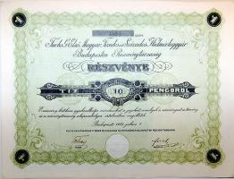 1925. "Fuchs G. Első Magyar Tizedes és Százados Hidmérleggyár Budapesten Részvénytársaság" részvénye 10P-ről, szelvényekkel