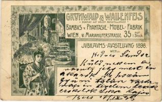1899 Grünwald & Wallenfels Bambus v. Phantasie-Möbel-Fabrik. Jubiläums Ausstellung Wien 1898 / Viennese Jubilee Exhibition advertising card, furniture factory. Art Nouveau (EK)