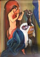 Kádár Béla jelzéssel: Hangszeren játszó hölgy. Olaj, karton. Üvegezett, sérült fa keretben, 68x56 cm