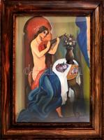 Kádár Béla jelzéssel: Hangszeren játszó hölgy. Olaj, karton. Üvegezett, sérült fa keretben, 68x56 cm