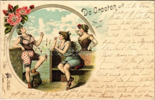 1898 De Groeten uit / Dutch Art Nouveau art postcard with smoking lady on the beach. Floral, litho (EB)