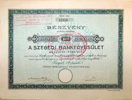 1923. "Szegedi Bankegyesület Részvénytársaság" részvénye 3000K-r ról "1926...2.- pengő" felülbélyegzéssel, szelvényekkel
