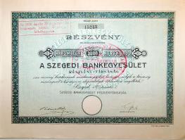 1923. "Szegedi Bankegyesület Részvénytársaság" részvénye 3000K-r ról "1926...2.- pengő" felülbélyegzéssel, szelvényekkel
