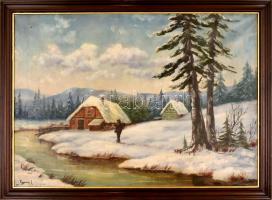 Olvashatatlan jelzéssel: Vadász havas tájban. Olaj, vászon, apró felületi sérüléekkel (festékhiánnyal), fa keretben, 49x68,5 cm