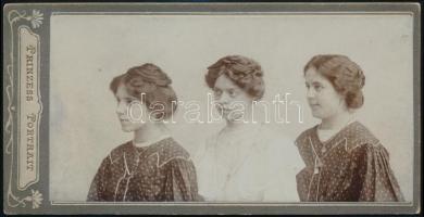 cca 1905 Három eladósorban levő leány, jelzés nélküli keményhátú vintage fotó, 8,2x16,2 cm