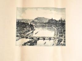 Vertel József (1922-1993): Budapest látképe a hidakkal. Rézkarc, papír, jelzett, 29×38 cm