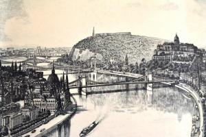 Vertel József (1922-1993): Budapest látképe a hidakkal. Rézkarc, papír, jelzett, 29×38 cm
