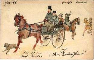 1899 Wien, Vienna, Bécs; Am Pratersterns! / Viennese horse-drawn carriage, fiacre, folklore art postcard. litho (EK)