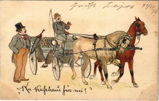 1899 Wien, Vienna, Bécs; Ka Kafehaus für mi / Viennese horse-drawn carriage, fiacre, folklore art postcard. litho (fl)