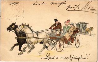 1899 Wien, Vienna, Bécs; Lassn mas fürigehn! / Viennese horse-drawn carriage, fiacre, horse-drawn tram, folklore art postcard. litho (EK)