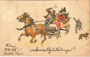 1899 Wien, Vienna, Bécs; Familie Grundhübinger / Viennese horse-drawn carriage, folklore art postcard. litho (fl)