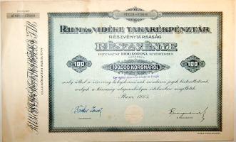 1925. "Rum és vidéke Részvénytársaság" részvénye 100.000K-ról, szelvényekkel