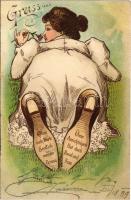 1899 Gruss aus... / greeting card with lady, humour. litho (fa)