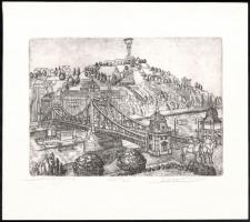 Kádas István (1941-): Szabadsághíd. Rézkarc, papír, jelzett. 14,5×20,5 cm